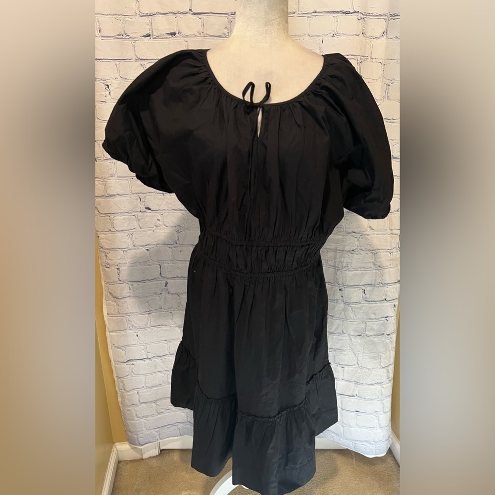 Re-imagined By J. Crew Puff Short Sleeve Peasant Cotton Midi Dress Black XLT